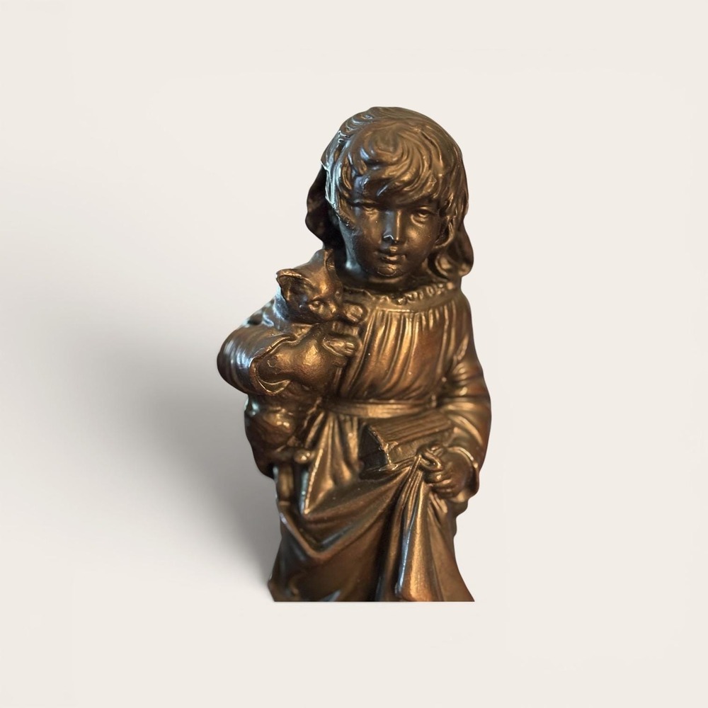 Vintage Pair Bronze Finish Children Figurines Family Cares Boy Girl Statues - Picture 9 of 11